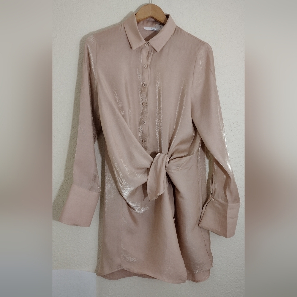 ESSUE Pink Button Down Wrap Front Mini Dress - Picture 2 of 7